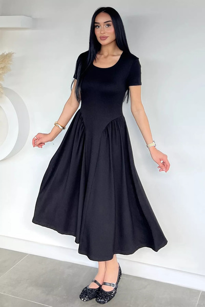 Aryena Black Women's Square Neck Half Sleeve Dress