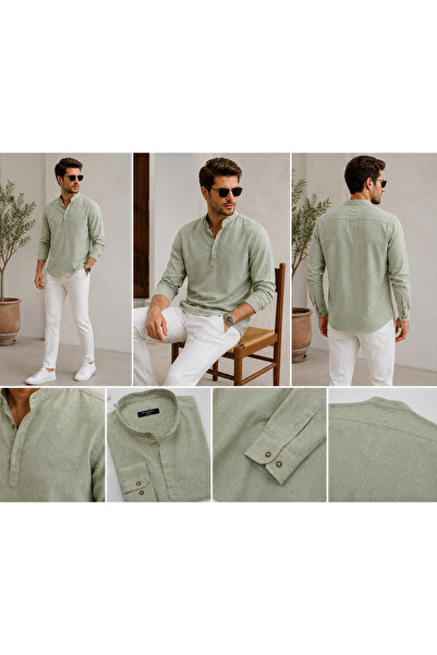 RODİNA Erkek Hakim Yaka Bej Keten Dokulu Slim Fit Uzun Kollu Gömlek Casual Şı...