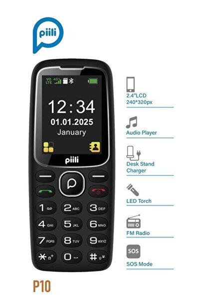 Piili P10 Tuşlu Cep Telefonu Siyah KVK Garantili Şarj Standlı