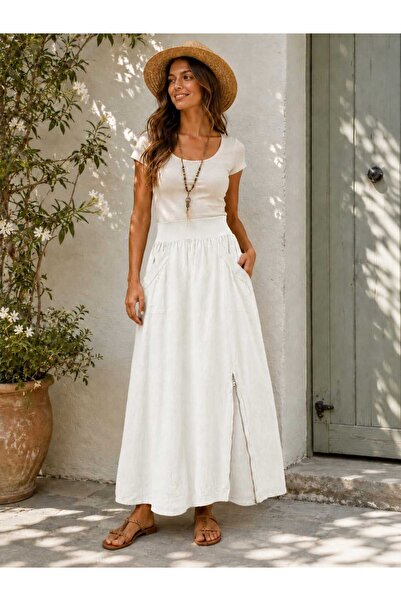 Butik Şans Women's Zipper Detailed Elastic Waist Italian Linen Skirt with Poc...