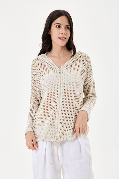 della moor Women's Beige Italian Glittery Mesh Zippered Hooded Long Sleeve Ja...