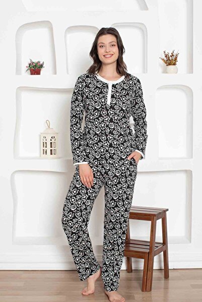 ALİMER Women's Flower Pattern Crew Neck 3 Button 100% Cotton Combed Thin Summ...
