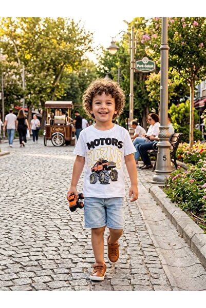 difa kids Erkek Çocuk Monster Truck "Motors Blazing" Baskılı Pamuklu Tişört