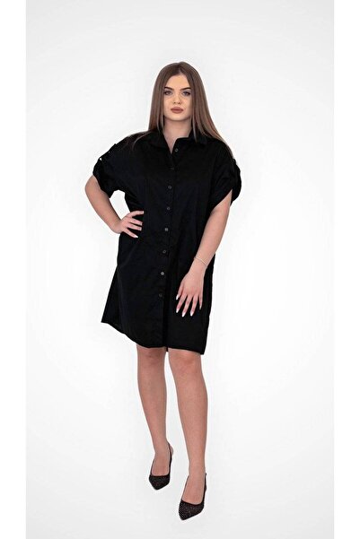 FashionApp Rochie tip cămașă, mânecă scurtă reglabilă, negru