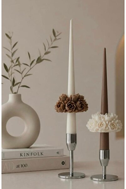SCA CANDLE Dekoraitf Mum şamdanlık Mum Çiçek Desenli 4 Parça koyu kahve +Beyaz