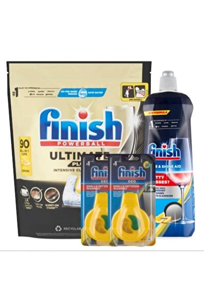 Finish Set Ultimate Plus, 90 capsule cu lămâie, Soluție de clătire 800 ml și ...