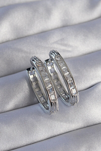 ARMÜZ Brass Silver Color Zircon Stone Oval Model Earrings