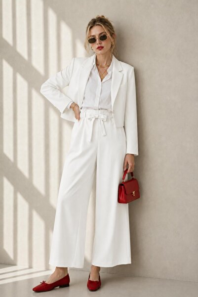 AFVENTE Luna Belted Wide Leg Trousers Ecru