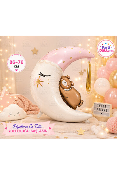 Parti Dükkanı Moon and Sleeping Bear Foil Balloon 86X76 cm Pink Helium Compat...