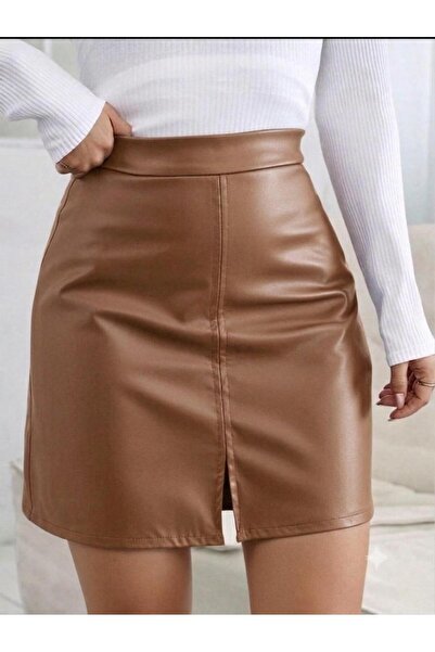 tuzu moda DERİ ETEK MİNİ DERİ ETEK YIRTMAÇLI DERİ ETEK
