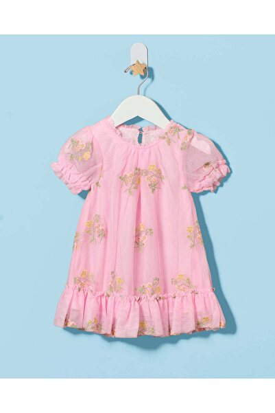 REDTAG Infant Girls Pink Embroidered Mesh Dress