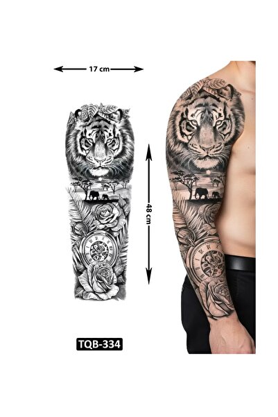 medink tattoo 2 Hafta kalıcı Kaplan gül ve Saat temalı Tam Kol Kaplama Geçici...