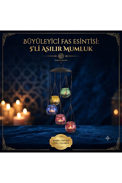 PİRAMİGO Marakeş & Bohem Stili 5'li Ferforje Asmalı Mumluk - Egzotik Dekorati...