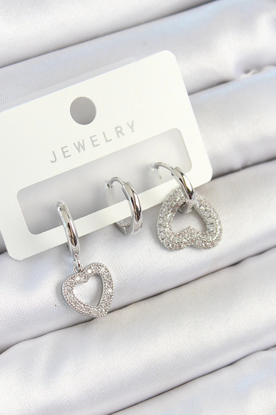 ARMÜZ Brass Zircon Stone Heart Model Silver Color 3-Piece Double Women's Earr...
