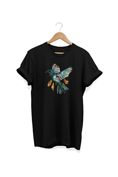 ZOKAWEAR تي شيرت أسود مطبوع عليه طائر