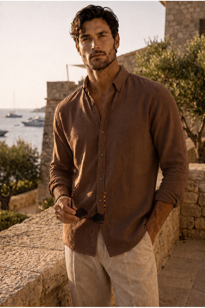 Valiberta Heritage 100% Cotton Natural Textured Flared Men's Shirt - Brown