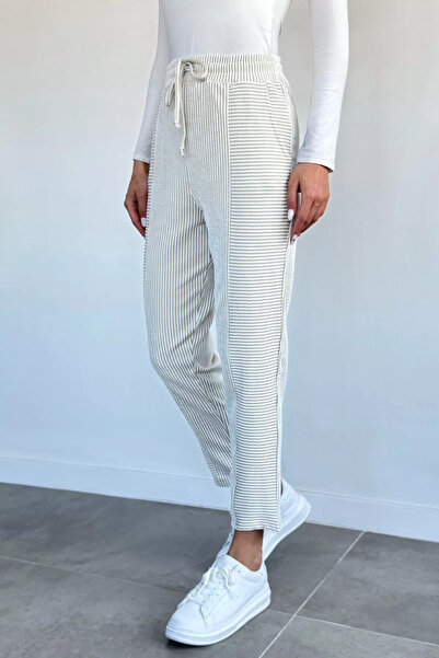 Aryena Beige Women's Striped Carrot Pants with Elastic Waist