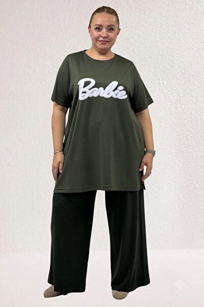 Eslina 68509 Large Size Front Printed Ribbed Thin Modal T-Shirt - Khaki