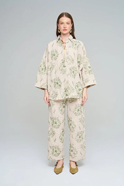 Orfeo Negro Cream Green Large Floral Patterned Shirt & Wide Leg Pants Set