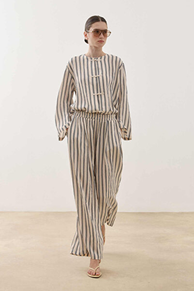 Fahhar Chino Buttoned Striped Suit Ecru