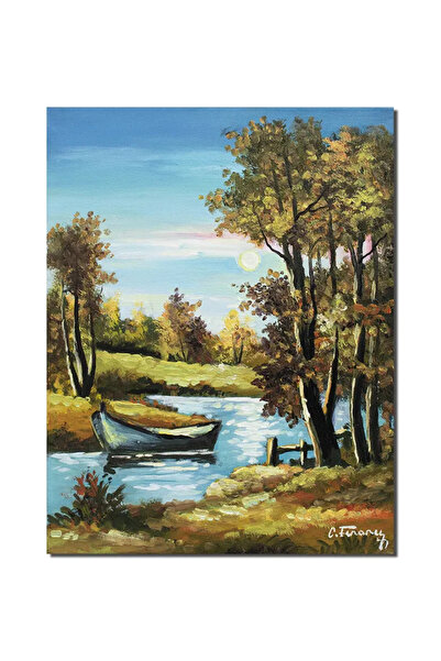 artnova Tablou pictat manual, Peisaj din natura cu barca, oaza de liniste, 45...