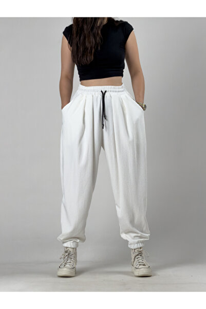 COCOPELLI Bürümcük White Women's Pleated Jogger Pants Coc3256