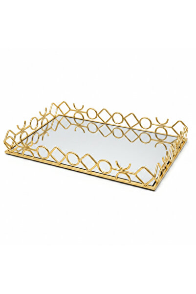AKDC Golden Metal & Glass Mirror Serving Tray Ornate Geometric Lattice Design...