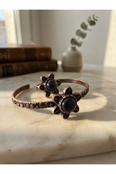 Meneva Aksesuar Navy Blue Star Stone Authentic Flower Motif Copper Body Adjus...