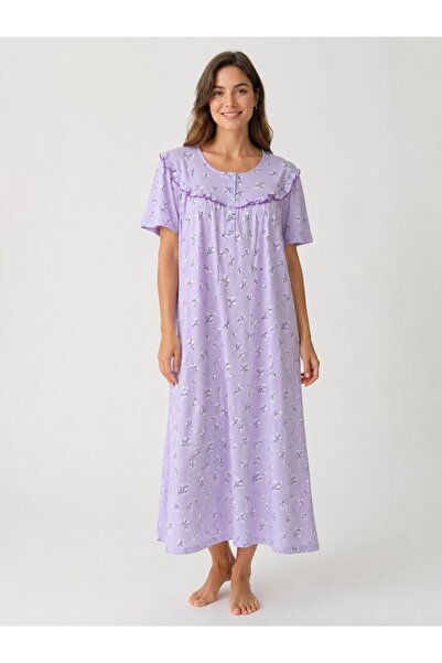 Alize Moda Short Sleeve 100% Cotton Floral Large Size Women-Mom Nightgown