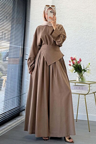 MELEK ARAZ Premium Saye Design Belted Skirt and Trousers Set - Milky Brown