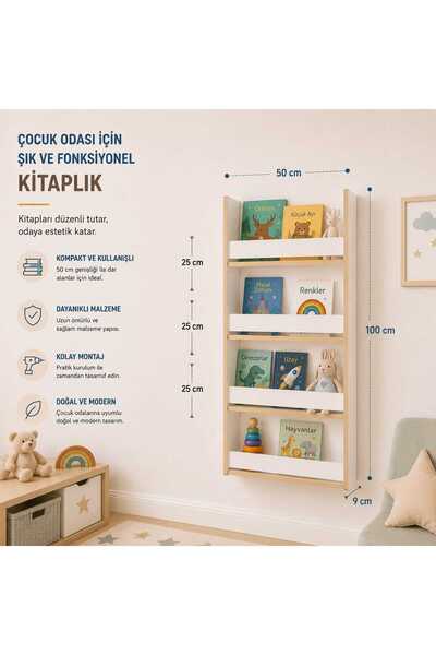 decoraid Beyaz Montessori Eğitici Çocuk Odası Kitaplık Rafı Duvara Monte 4 Bö...