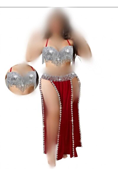 DİĞER418 Kırmızı Gümüş Püsküllü Belly Dance Kostümü 2'li Set