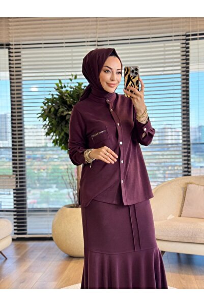 Taşpınar 26117 Pocket Stone Printed Skirt Suit Plum