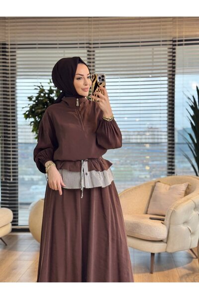 ALANURMODA 32482 collar and hip line padded skirt set brown