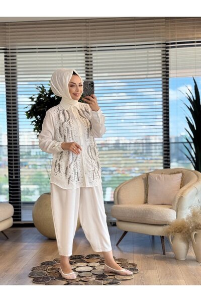 Aynaz Orfeonegro 34004 Ön Boncuk Sıra Yaprak İşleme Gömlek Ekru