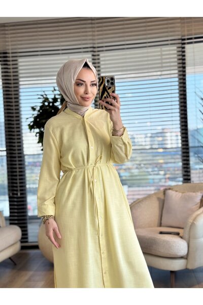 Merwishop Mrw1794 V-Neck Buttoned Long Linen Shirt Yellow