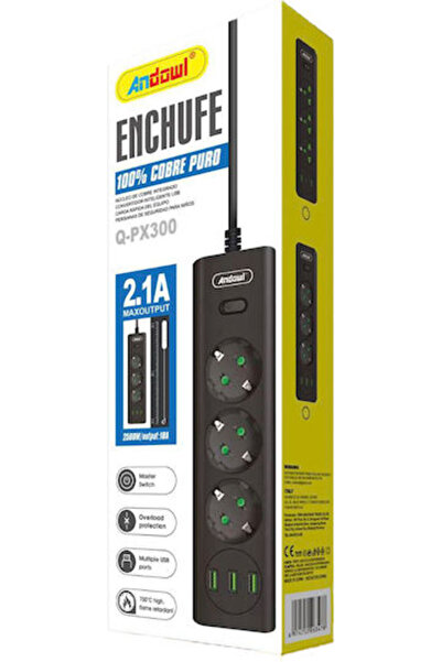 Andowl Πολύπριζο 3 Θέσεων με 2 USB-A, Διακόπτη και Καλώδιο 2μ. Κωδικός: Q-PX300