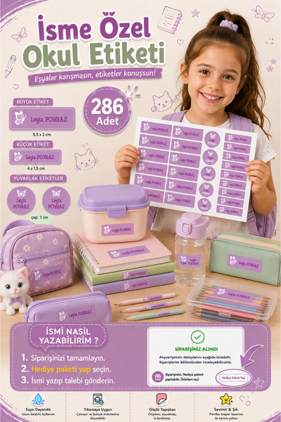 Sim Tasarım Okul Etiketi Mor Kelebek Temalı Kalem Defter Etiketi Özel İsim Ya...