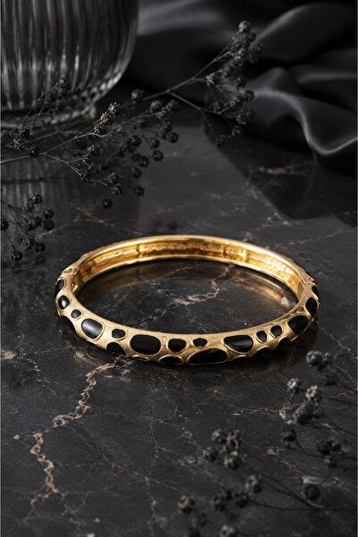 Sylvera Shop Natural Mosaic Stone Black Enamel Thin Cuff Bracelet (Gold Color)
