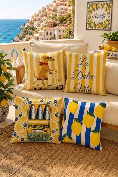 EVPANYA Motorcycle Dog and Lemons Patterned 4-Piece Throw Pillow Cover Set