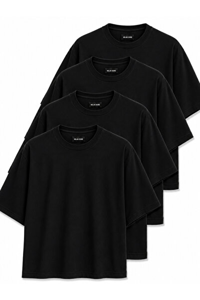 MİLANDORE Pack of 4 Black Unisex Oversize T-Shirts - Crew Neck Basic T-Shirt