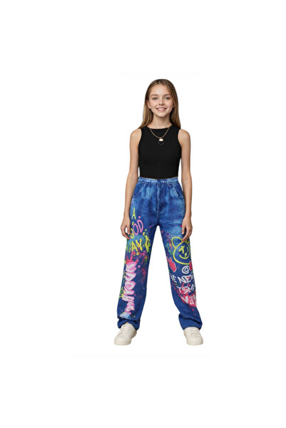 OEM Girls' pants, imitation Denim, Polyester, with Printed, 12 years