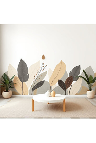 Mefan Duvarda Sanat Minimal Yaprak (Bej/Gri) Boho Tarzı Yapraklar Kendinden Y...