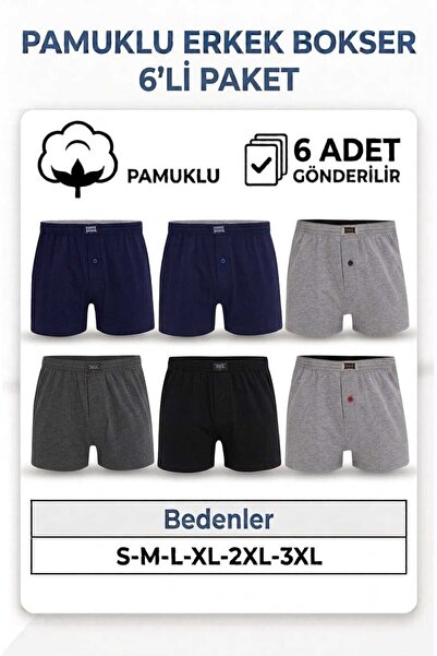 Tutku Karışık 6'lı Erkek Pamuklu Havlu Bel Penye Rahat Kesim Düğmeli Boxer