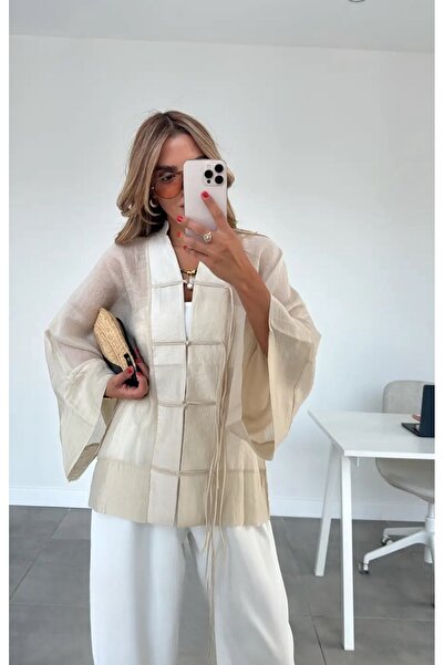 FEMMESTUDIO Women's Ecru Lace-Up Transparent Shirt with Chinese Buttons