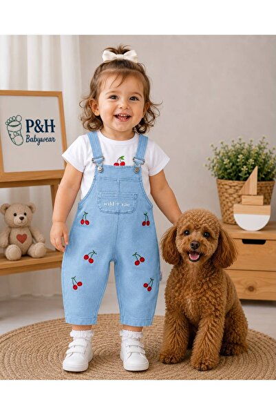 P&H BABYWEAR Cherry Embroidered Pocket Detailed Summer 2-Piece Denim Salopet