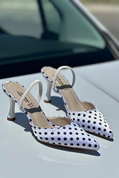 topuksarayı Bella Women's White Black Polka Dot Pointed Toe Back Open Elastic...