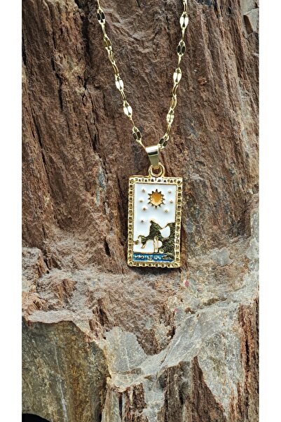 Beyaz Zeminli Tarot Kartı Tasarımlı Paslanmaz Çelik Kolye - Gold Renk Kararmaz Kolye