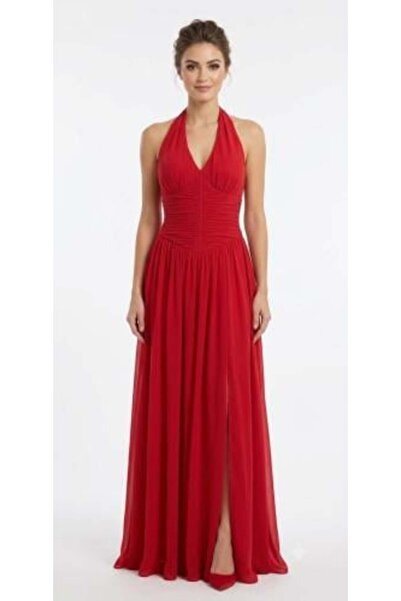 unbranded Women's Red Halter Neck Maxi Evening Dress with Front Slit – Elegan...