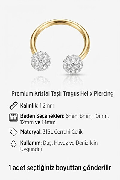 Blisse Piercing Kristal Taşlı Septum Tragus Helix Kıkırdak Çelik Piercing Bur...
